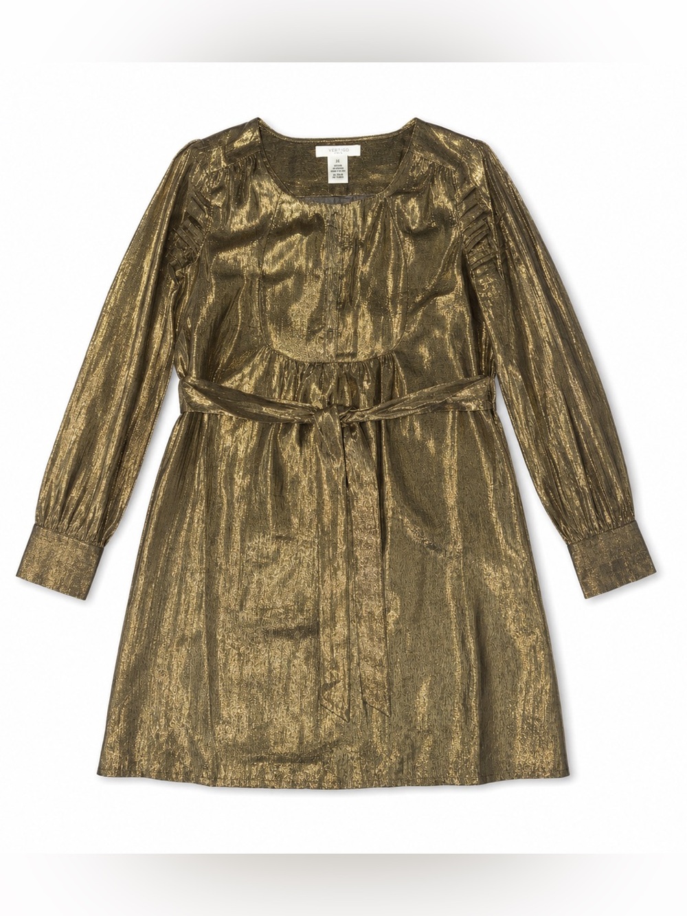 Vertigo Paris Metallic Gold Silk Lurex Belted Dress Size M Long Sleeve